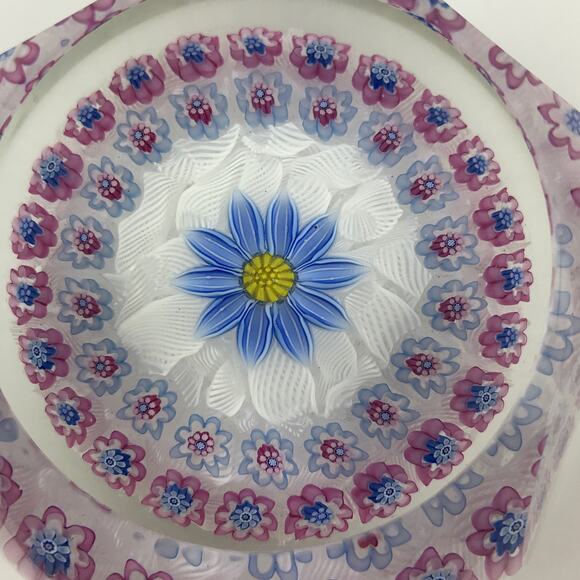 Perthshire 1996B Blue Flower on Lace Floral Pink Daisy Canes Faceted Paperweight - Picture 3 of 13